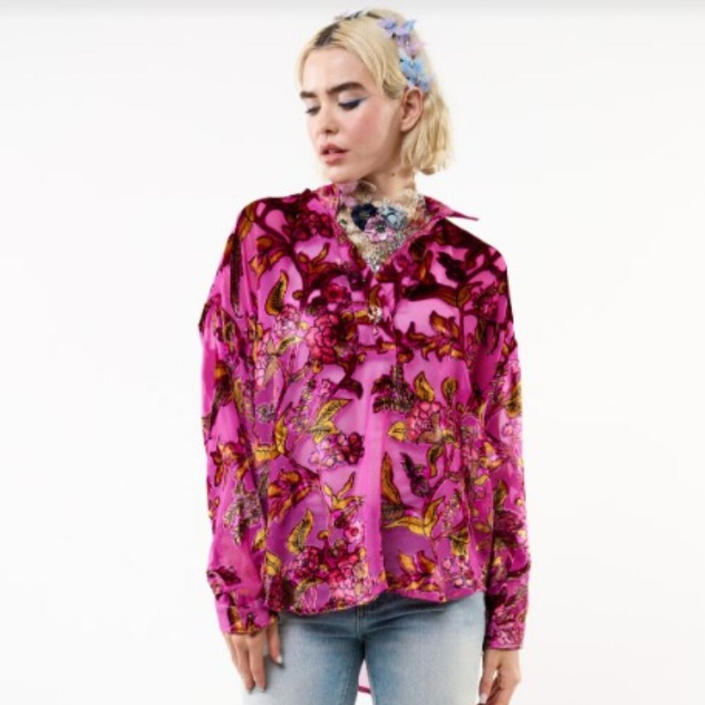 ARATTA Burnout Velvet Holiday Jewels Blouse Crystal Brooch